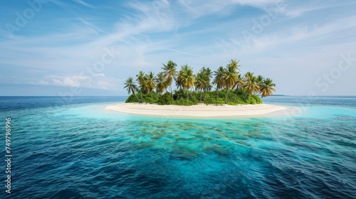 Uninhabited palm island with sandy beach, offshore coral reef,