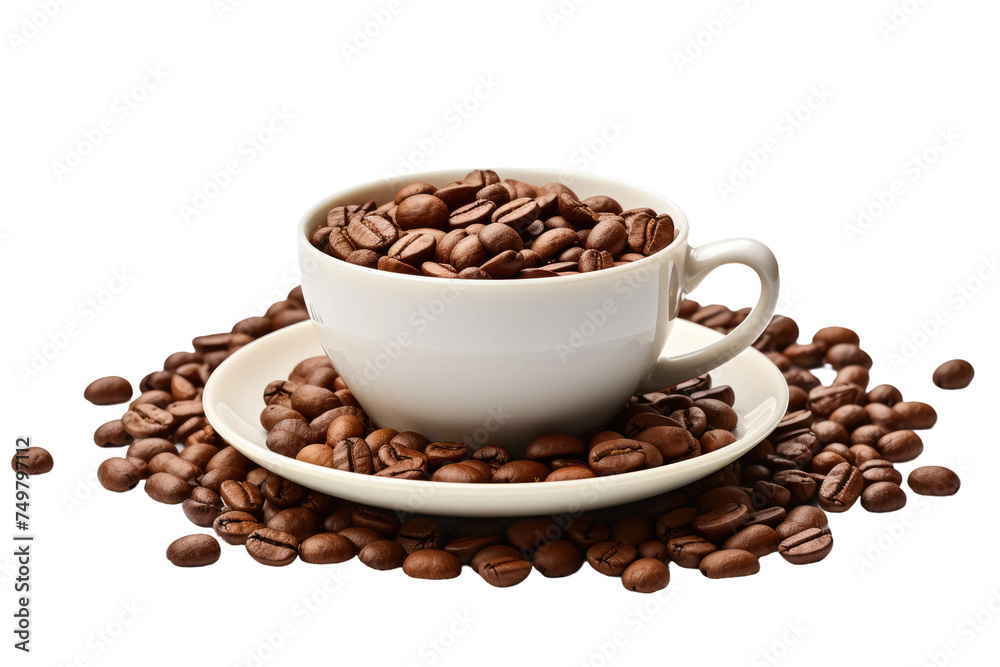 White Cup Filled With Coffee Beans on Saucer. A white cup sits on top of a saucer, filled to the brim with aromatic coffee beans. The beans are neatly arranged and offer a rich, earthy scent. White Cup Filled With Coffee Beans on Saucer. A white cup sits on top of a saucer, filled to the brim with aromatic coffee beans. The beans are neatly arranged and offer a rich, earthy scent.