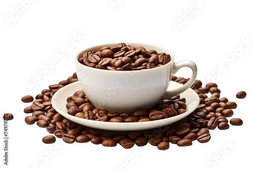 White Cup Filled With Coffee Beans on Saucer. A white cup sits on top of a saucer, filled to the brim with aromatic coffee beans. The beans are neatly arranged and offer a rich, earthy scent.