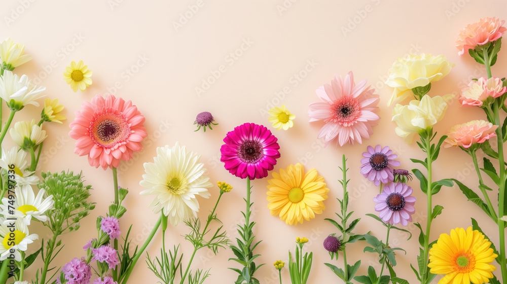 A vibrant arrangement of spring flowers on a soft pastel backdrop.