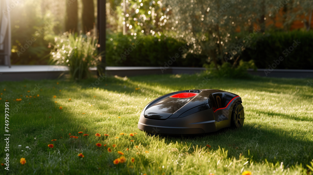A robotic lawnmower trims the grass in a sunlit garden. A robotic lawnmower trims the grass in a sunlit garden.