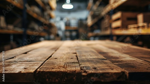 A defocused blurring shelf with an empty wooden table against a background of a warehouse.