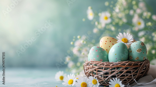 Decorated Easter eggs nestled among daisies in a basket.