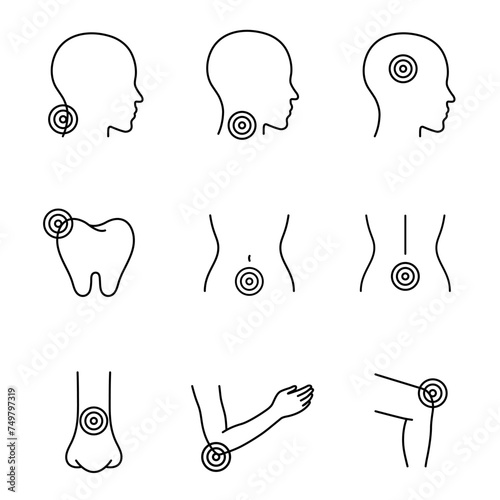 Body Ache. Disease, sickness, linear style icons set. Migraine, toothache, back pain, sore throat, neck pain, nose, menstrual, joint, arthritis, rheumatism. Vector illustration in linear style