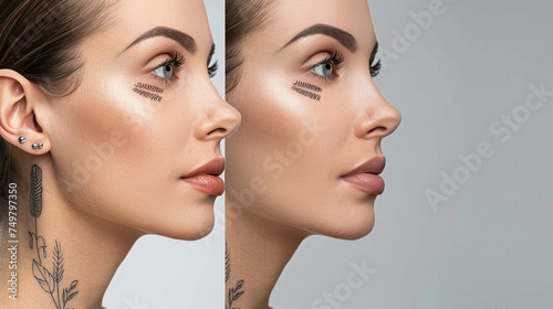 Beautiful young woman before and after laser tattoo removal treatment. Generative AI