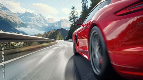 A vibrant red sports car driving down a scenic mountain road. Ideal for automotive and travel concepts © Fotograf