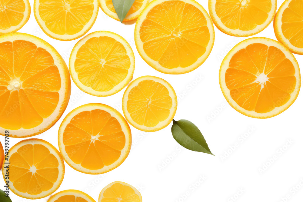 Group of Orange Slices With Leaves. A cluster of vibrant orange slices neatly arranged with fresh green leaves resting on their tops. The citrus fruits appear ripe and juicy. Group of Orange Slices With Leaves. A cluster of vibrant orange slices neatly arranged with fresh green leaves resting on their tops. The citrus fruits appear ripe and juicy.
