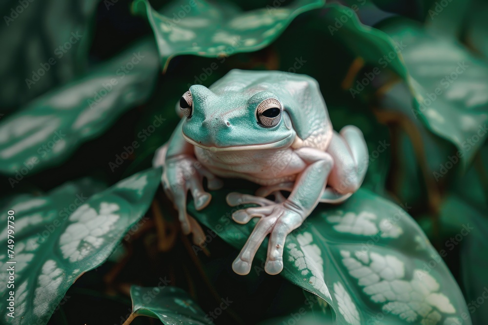 Fototapeta premium A frog sitting on top of a green leaf. Perfect for nature-themed designs