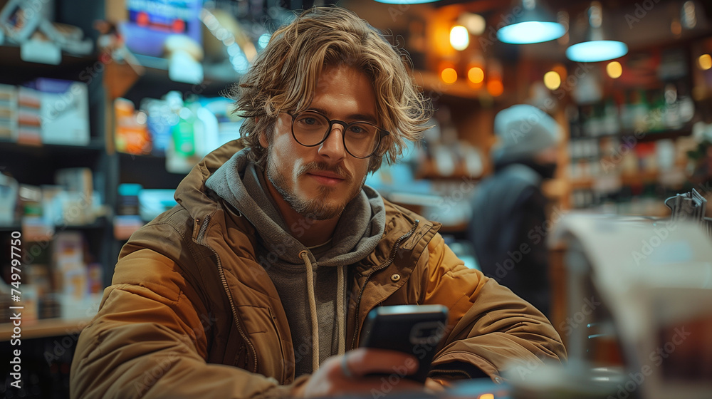 Attractive young man with blue eyes and a winter scarf uses smartphone for an online payment at a store checkout counter.