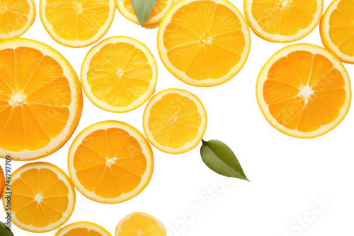 Group of Orange Slices With Leaves. A cluster of vibrant orange slices neatly arranged with fresh green leaves resting on their tops. The citrus fruits appear ripe and juicy.