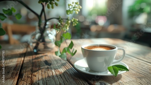 A cup of coffee on a wooden table. Suitable for coffee shop or cozy home interior design