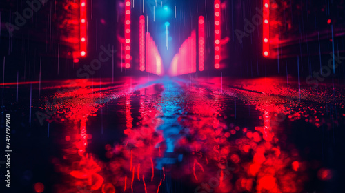 Dark street, reflection of neon light on wet asphalt. Rays of light and red laser light in the dark. Night view of the street, the city. Abstract dark blue background.
