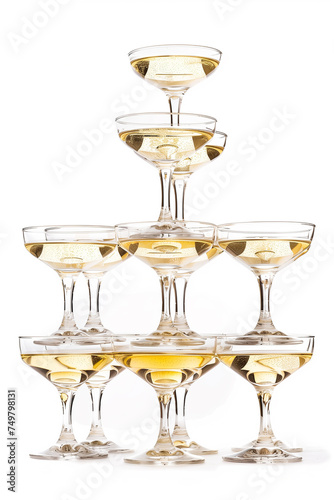 Champagne tower with glasses neatly stacked in a pyramid shape, filled with bubbly champagne, isolated against a white background