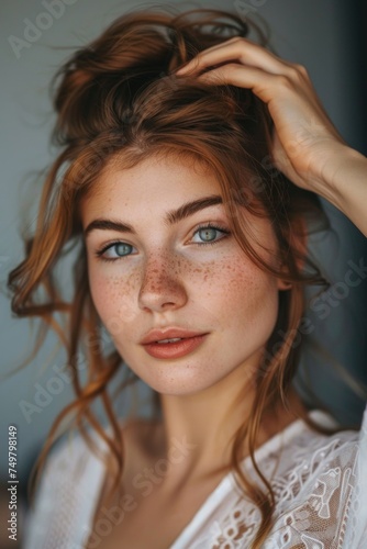 Close up of a woman with freckles on her face, perfect for skincare products advertising