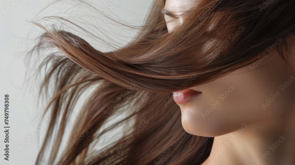 A woman with long brown hair blowing in the wind, suitable for various design projects A woman with long brown hair blowing in the wind, suitable for various design projects