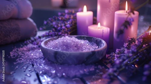 A calming arrangement of sea salt  candles  and lavender flowers. Ideal for spa or relaxation concepts