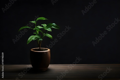 Green plant in vase on dark wooden table in dark room.