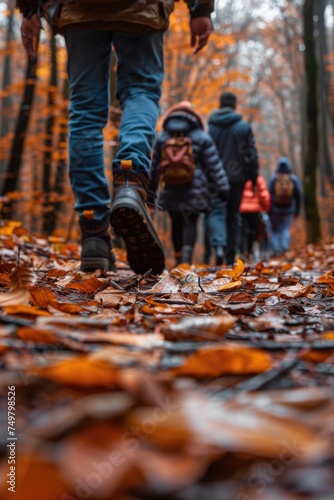 A group of people walking through a forest. Suitable for outdoor activities promotion