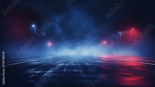Dark Street Background with Thick Fog, Spotlight, and Blue and Red Neon Lights. Abstract Night View with Neon Lights. photo