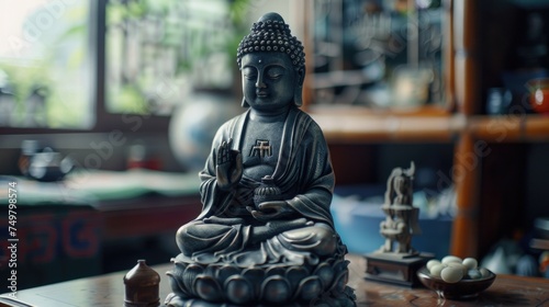 A serene Buddha statue placed on a table  suitable for meditation and relaxation concepts