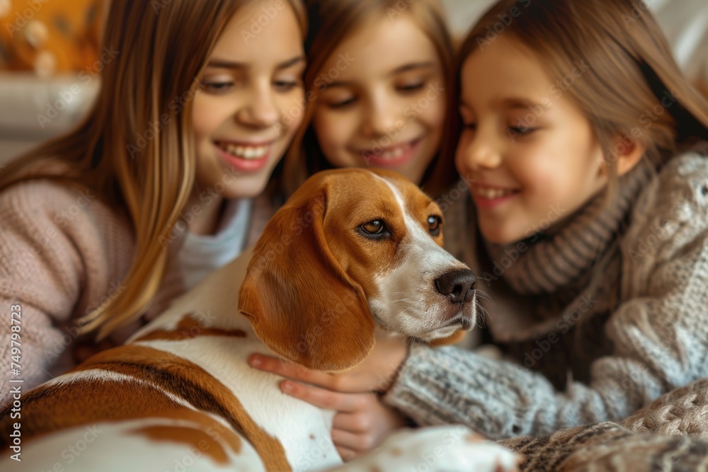 Two girls and a dog relaxing on a bed. Suitable for lifestyle or pet related projects Two girls and a dog relaxing on a bed. Suitable for lifestyle or pet related projects