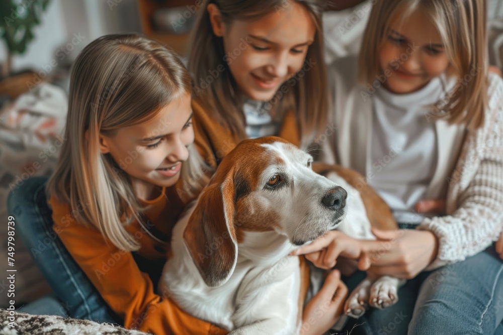 Two girls and a dog sitting on a couch, suitable for family and pet-themed designs Two girls and a dog sitting on a couch, suitable for family and pet-themed designs