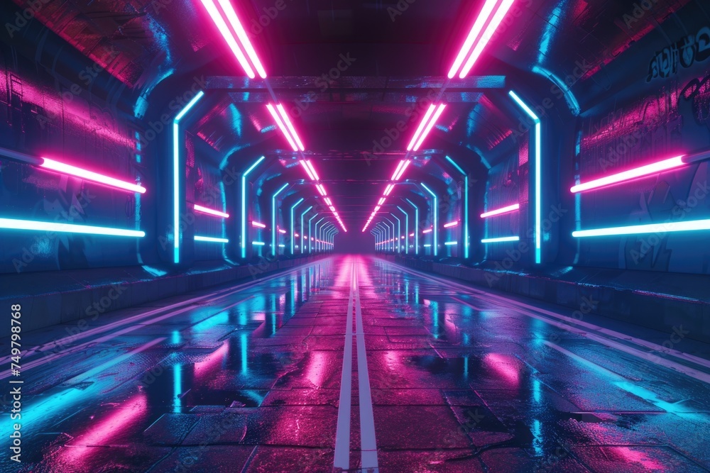 A long tunnel with neon lights, ideal for futuristic concepts