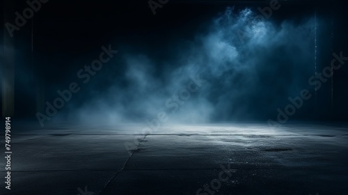 Dark Street with Asphalt Abstract Background. Neon Light and Spotlights Illuminate the Concrete Floor for Product Display.