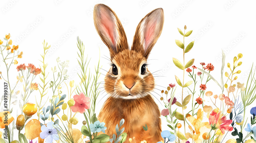 Cute brown rabbit is sitting among little spring flowers on a plain white background. Watercolor painting style. Cute brown rabbit is sitting among little spring flowers on a plain white background. Watercolor painting style.