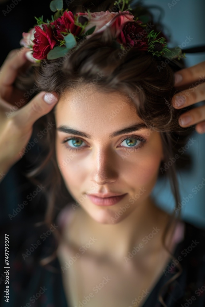 A woman having her hair styled by a professional stylist. Suitable for beauty and fashion industry A woman having her hair styled by a professional stylist. Suitable for beauty and fashion industry