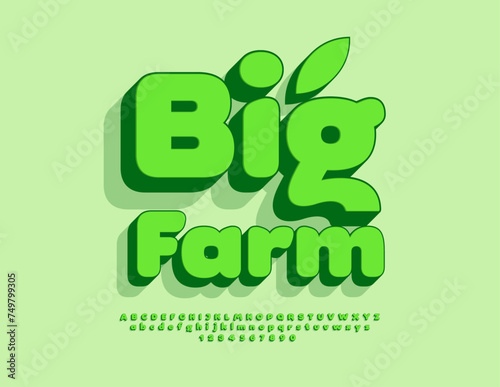 Vector eco concept Big Farm. Bright Green 3D Font. Modern Alphabet Letters and Numbers