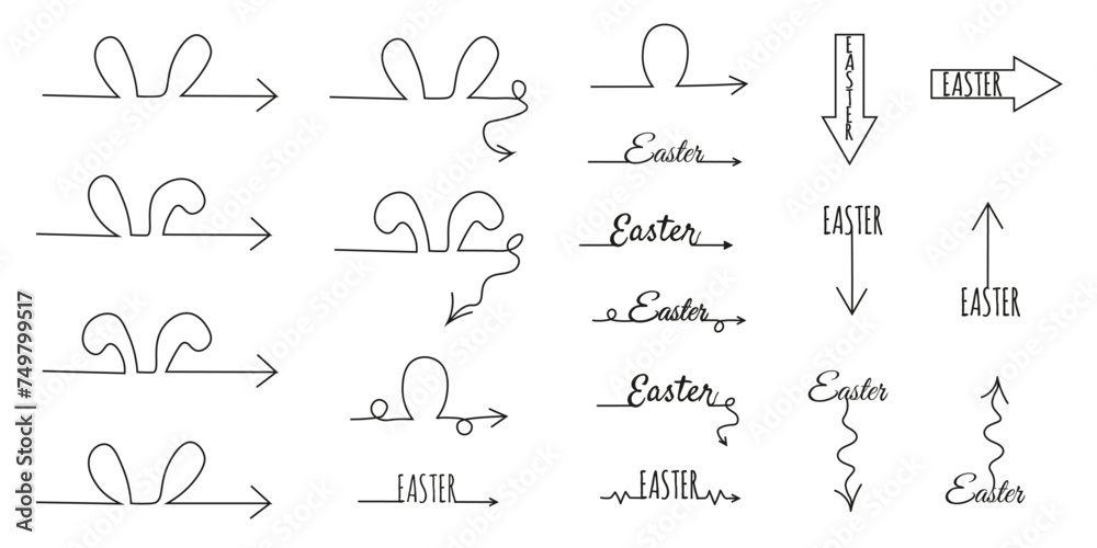 Set Doodle Hand Drawn Easter Arrows isolated on white backdrop. Doodle artistic celebration elements collection. Typography Arrow and underline. Vector illustration. EPS 10 Editable stroke