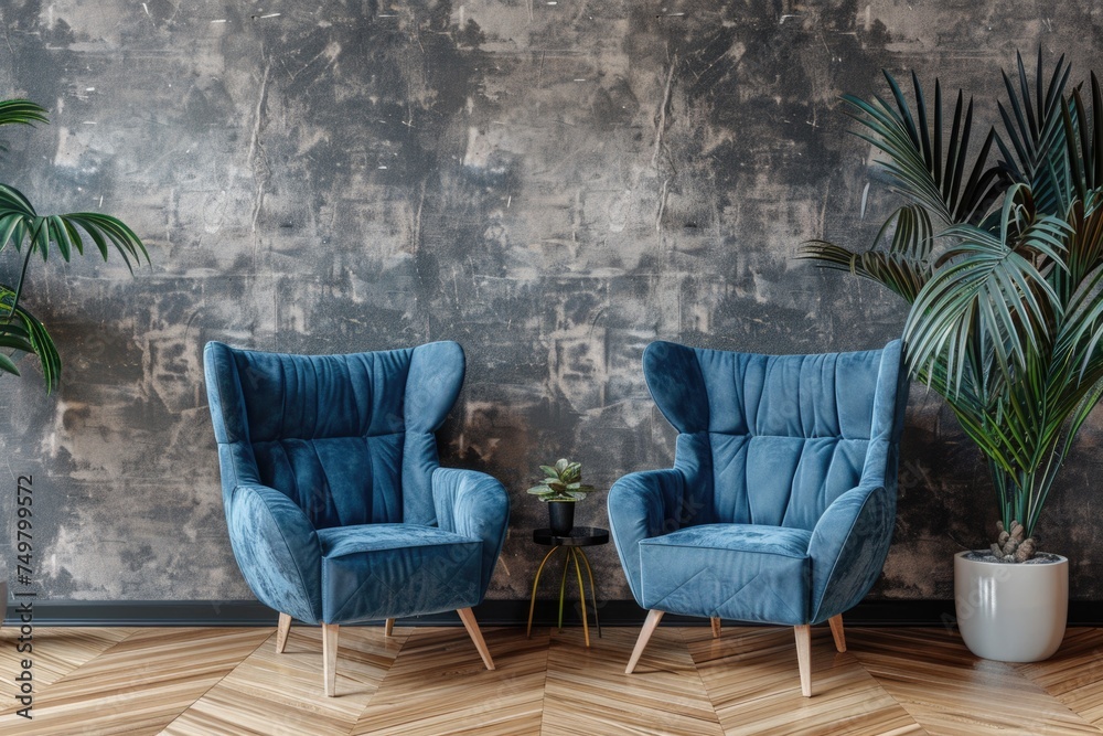 Fototapeta premium Two blue chairs side by side. Perfect for home decor or furniture advertisements