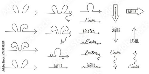 Set Doodle Hand Drawn Easter Arrows isolated on white backdrop. Doodle artistic celebration elements collection. Typography Arrow and underline. Vector illustration. EPS 10 Editable stroke
