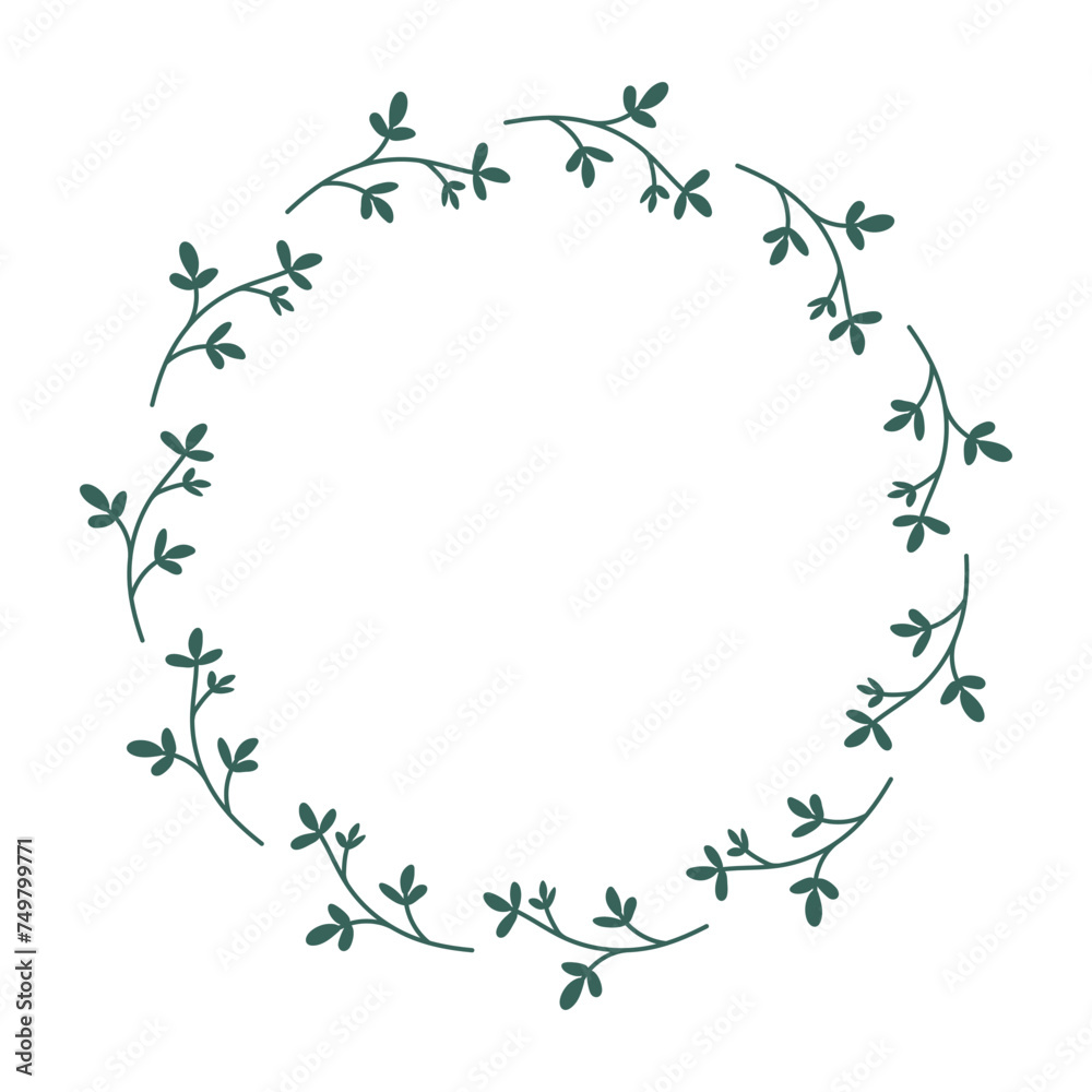 Hand-drawn round Wreath of branches of Leaves. Minimalistic illustration of spring herbal or flower Frame in flat style. Summer elements for decorating greeting posters with empty space for text Hand-drawn round Wreath of branches of Leaves. Minimalistic illustration of spring herbal or flower Frame in flat style. Summer elements for decorating greeting posters with empty space for text