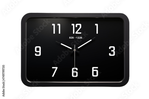 Black Clock. A black clock featuring white numbers on its face indicating the time with precision and clarity. The contrast of colors enhances readability making it easy to keep track of time clearly.