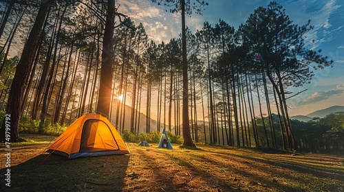 Camping and tent under the pine forest in sunset at north of Thailand photo