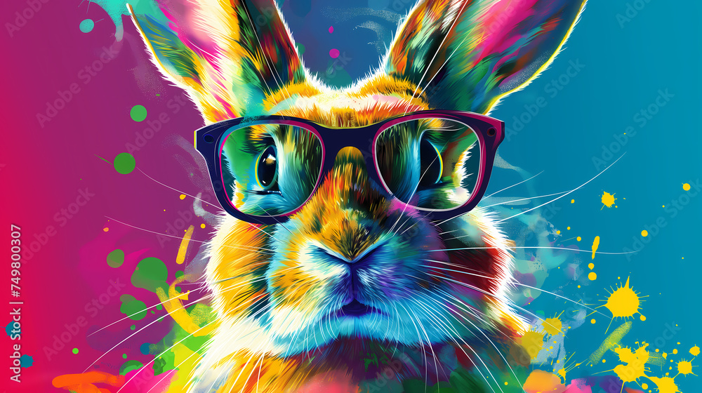 Cute vibrant holographic rabbit wearing glasses on a vivid gradient red and blue background. Fancy neon style.