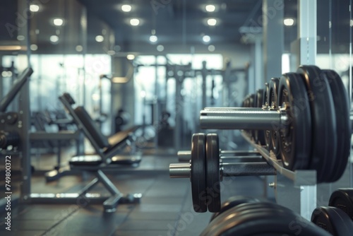 A gym setting with rows of dumbbells and benches, suitable for fitness and exercise concepts