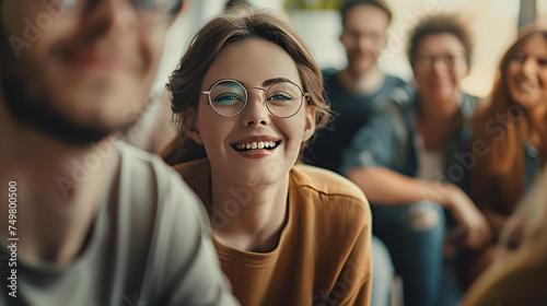 Group therapy and support. The focus is on a young Caucasian woman in eyeglasses. A group of people around support her. She is happy.