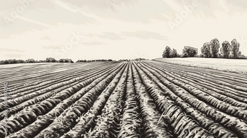 A stark black and white photo of a plowed field. Suitable for agricultural themes
