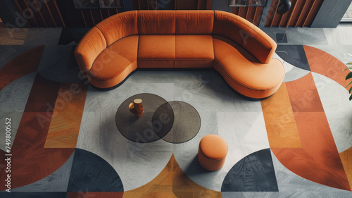 An ultra-HD image showcasing a futuristic floor design with modular carpet tiles in bold geometric shapes and muted earthy tones, arranged to create a dynamic and sophisticated effect. © AQ Arts
