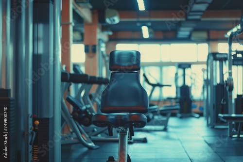 A row of exercise equipment in a gym room. Suitable for fitness and health-related designs