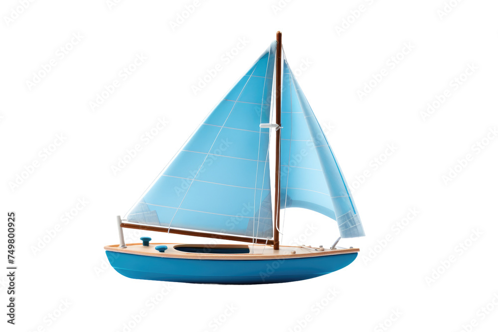 Toy Sailboat With Blue Sails. A small toy sailboat with blue sails is displayed on a clean white background. The sailboat appears to be stationary with its sails fully extended ready to catch.