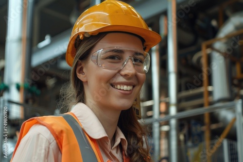 A woman wearing a hard hat and safety glasses. Ideal for construction or industrial concepts