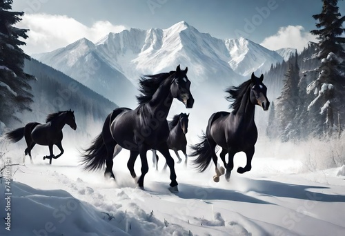 horse running in snow mountain