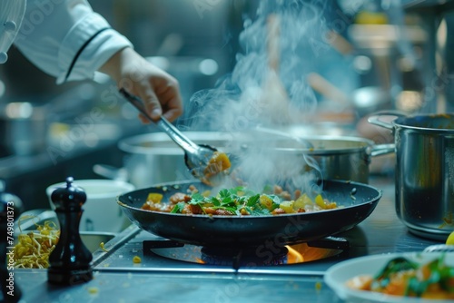 A person cooking food in a pan on a stove. Suitable for culinary and cooking concepts