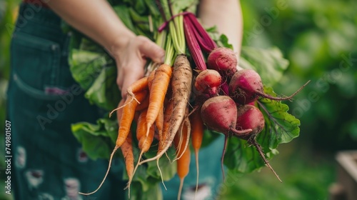 A person holding a bunch of fresh carrots and radishes. Perfect for healthy eating concepts