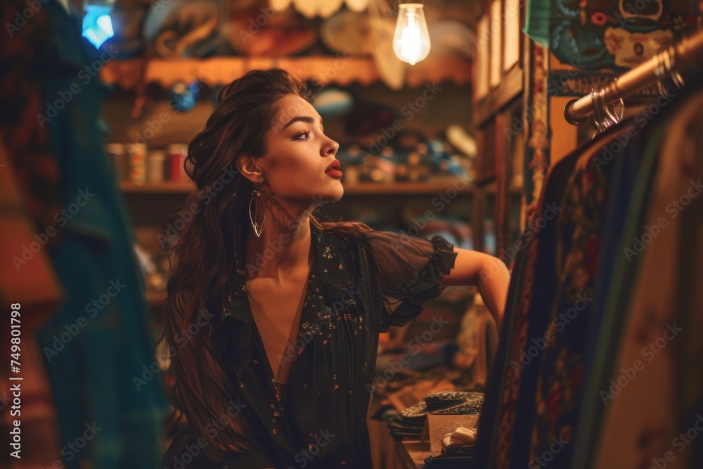 Elegant woman browsing through a vintage clothing store, surrounded by ornate garments.


