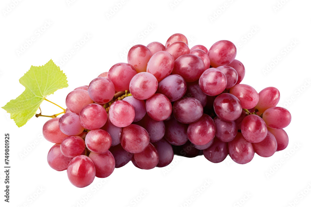 Fototapeta premium Bunch of Grapes With Leaf. A cluster of grapes, accompanied by a leaf, is placed on a clean white surface. The grapes are tightly packed together and appear fresh.